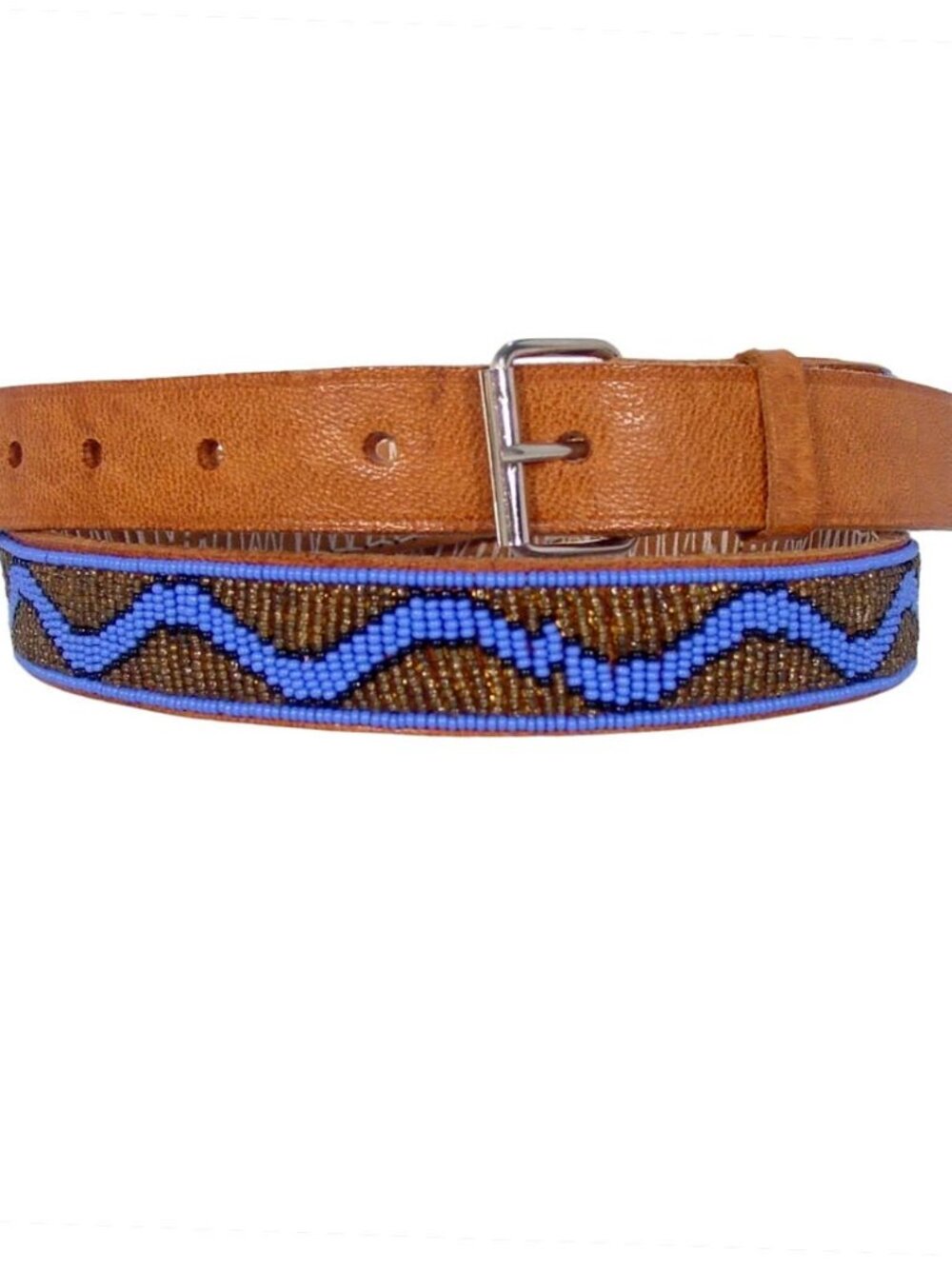 HANDMADE Beaded Gold Blue Belt Unisex Size L/XL